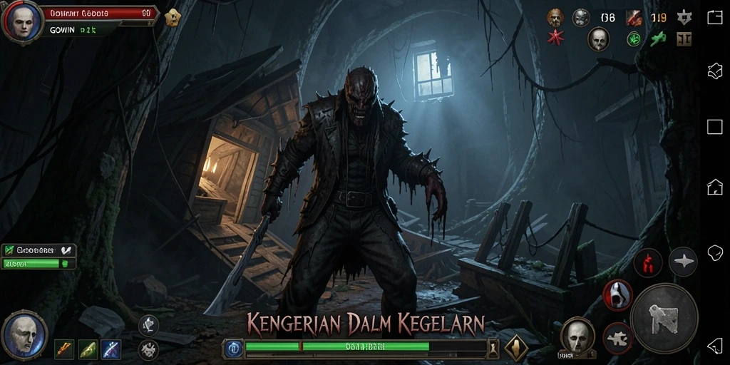Tangkapan layar utama GOWIN menampilkan suasana mencekam dengan efek visual yang menakutkan.