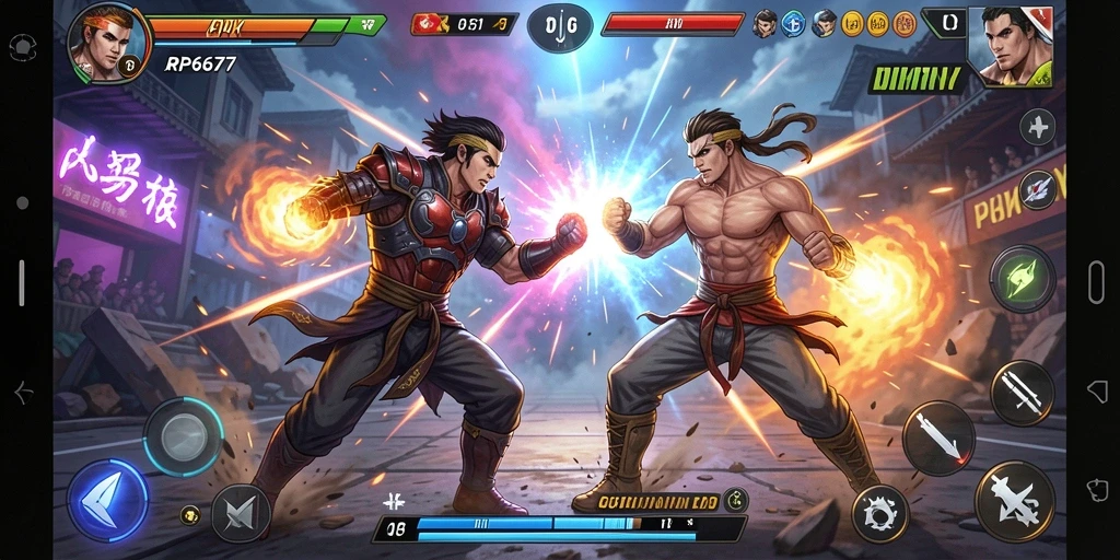Screenshot utama RP6677 menampilkan aksi pertarungan yang mendebarkan di arena.